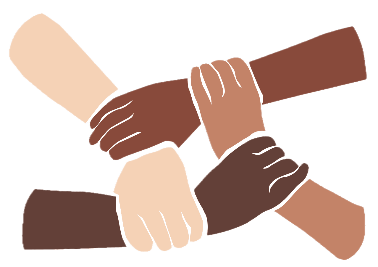 decorative image: hands of many skin tones grabbing each others' wrists to form a circle